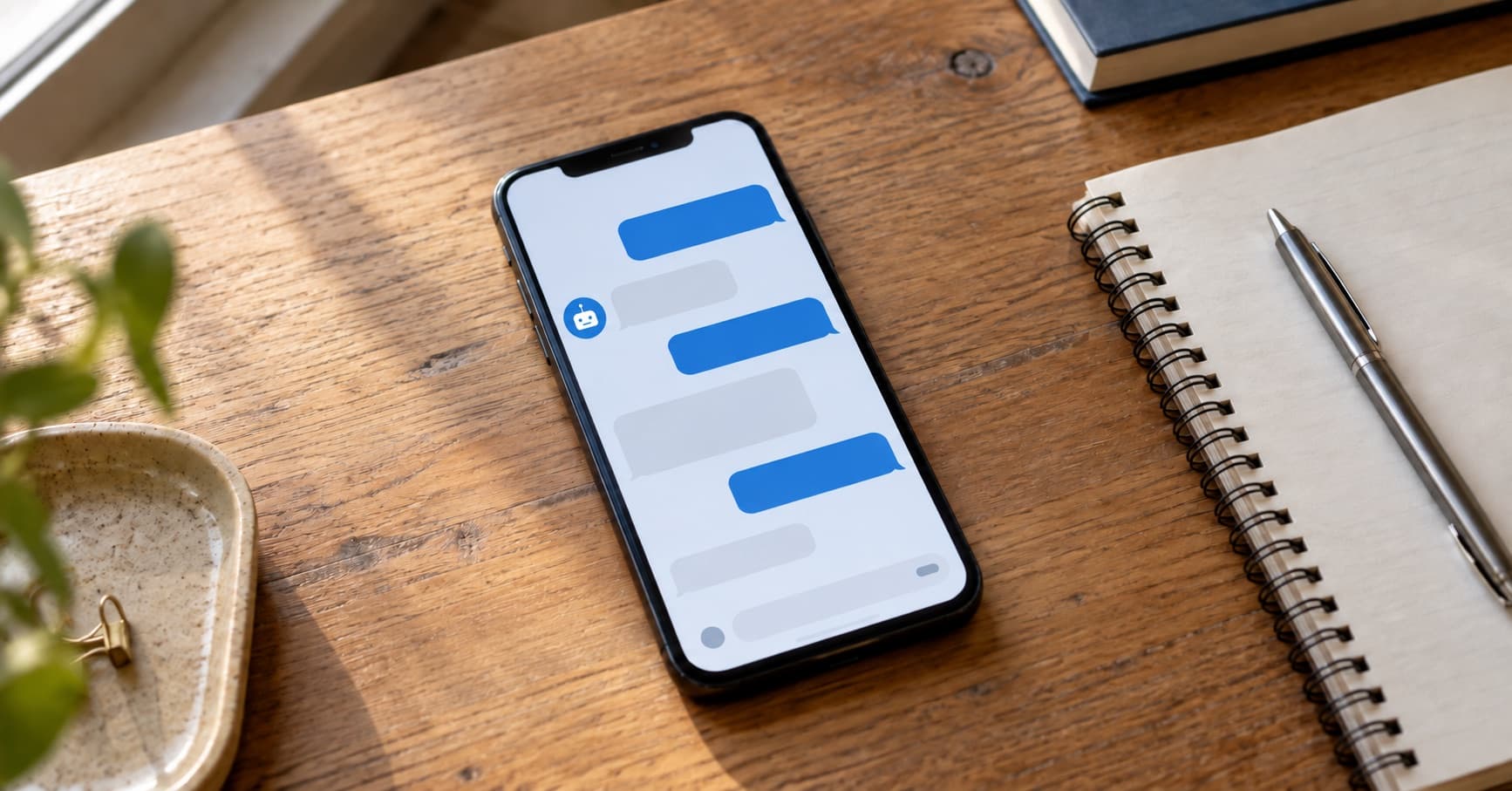 Smartphone displaying an AI chatbot conversation on a desk